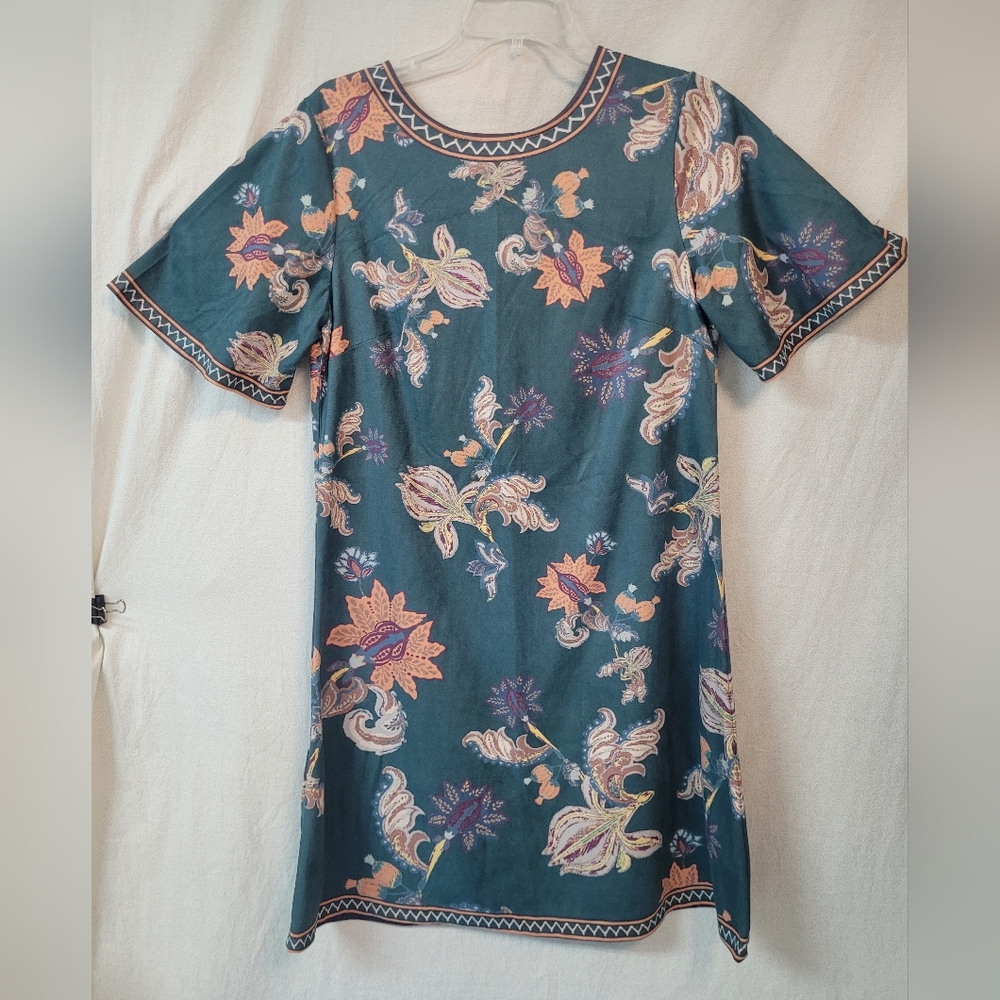 Flying Tomato A-Line Shift Dress Sz S Green Colorful Floral Paisley Boho Casual